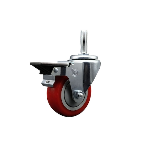 Service Caster 35 Inch Red Polyurethane Wheel Swivel 34 Inch Threaded Stem Caster with Brake SCC SCC-TS20S3514-PPUB-RED-PLB-34212